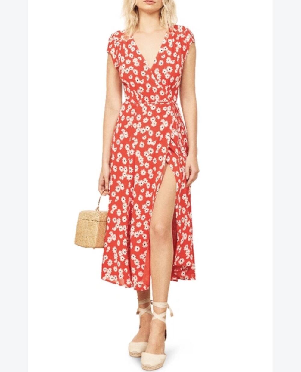 REFORMATION CARINA MIDI WRAP FLORAL Daisy Size Small Dress Boho Classic Preppy